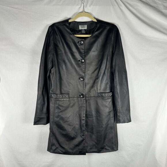 Neiman Marcus Women’s Medium (M) Black Genuine Leather Overcoat Jacket, Classic - Picture 2 of 11
